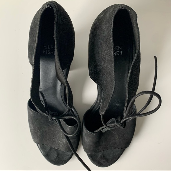 EILEEN FISHER Ann Ankle Tie Sandal black leather stacked block heel 9 1/2 - Picture 8 of 11
